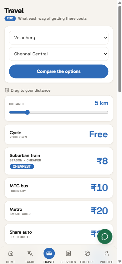 Circle Travel screen: comparing the cost of getting around Chennai